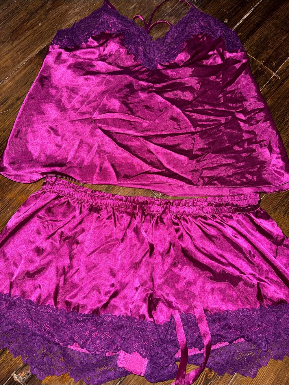 In Bloom Satin Lace Cami & Short Set in Magenta Purple